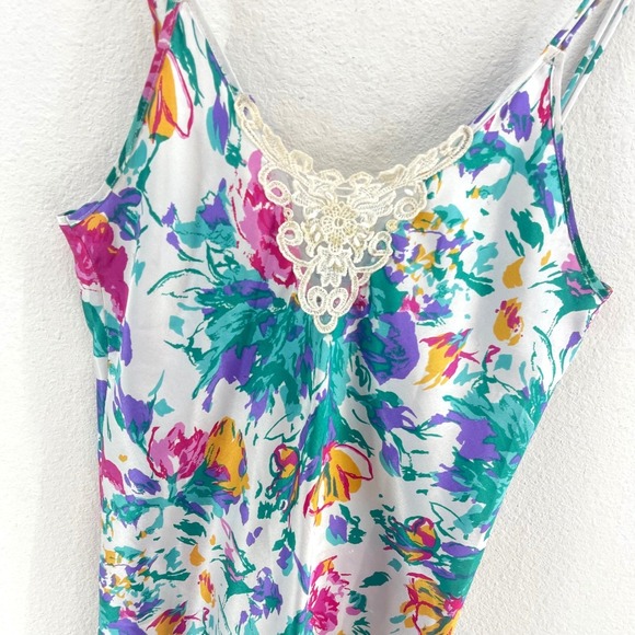 Vintage Satin Slip Dress 80s Floral Lace Ruffle Coquette Fairy Garden Party Midi - Picture 2 of 10